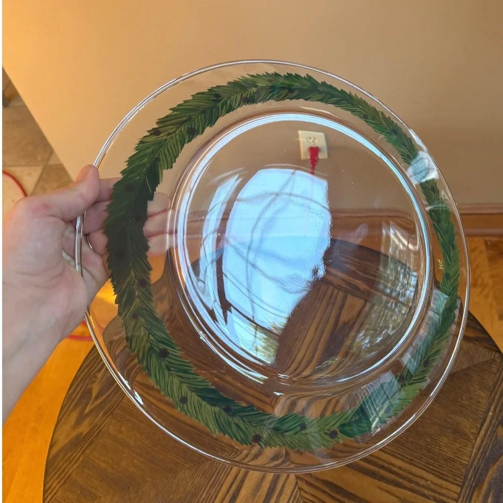 Hand Painted Glass Platter - Pine Wreath Berries - Signed HG - 13 Inch Charger